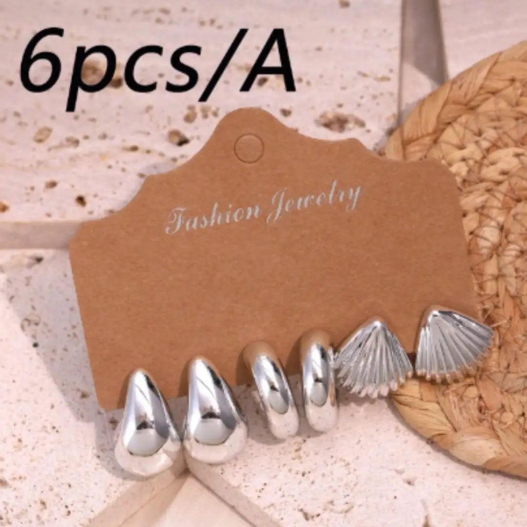 طقم أقراط فضية بتصميم صدف وقطرات الماء - 3 أزواج